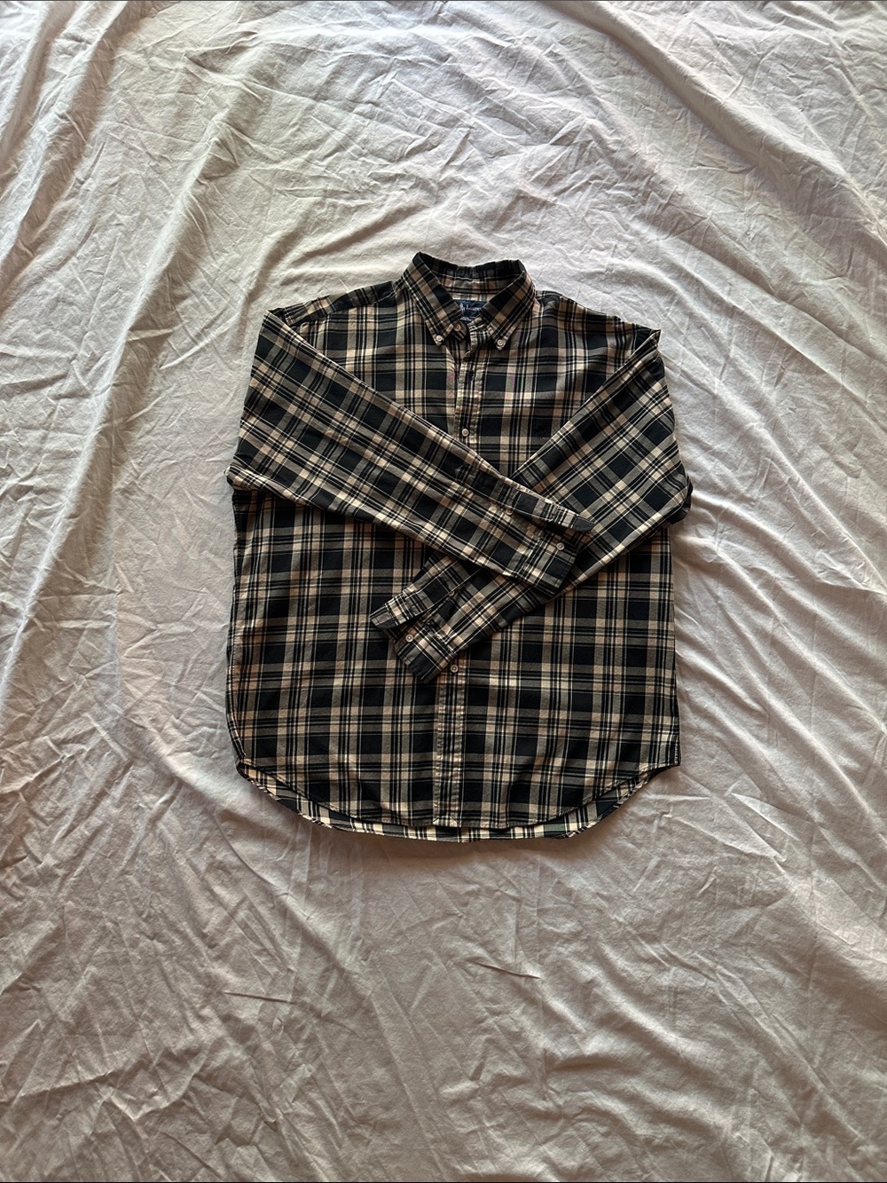 Vintage Polo Classic Navy and Cream Blake Plaid Button-Down Shirt Large